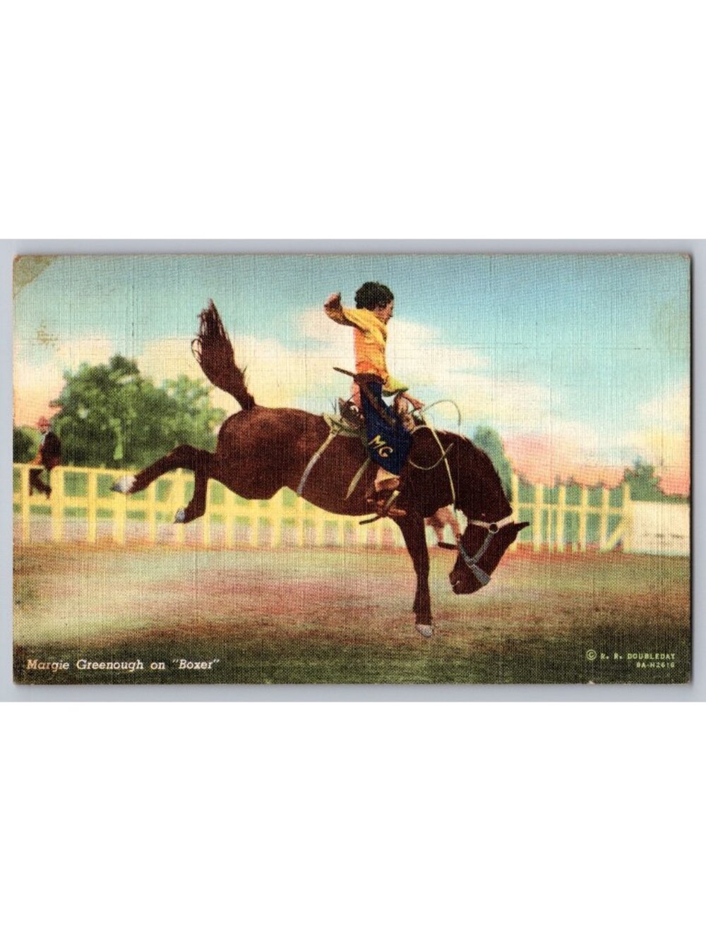 Margie Greenough on Boxer Cowgirl Bronc Rider Rodeo 1942 Linen Postcard